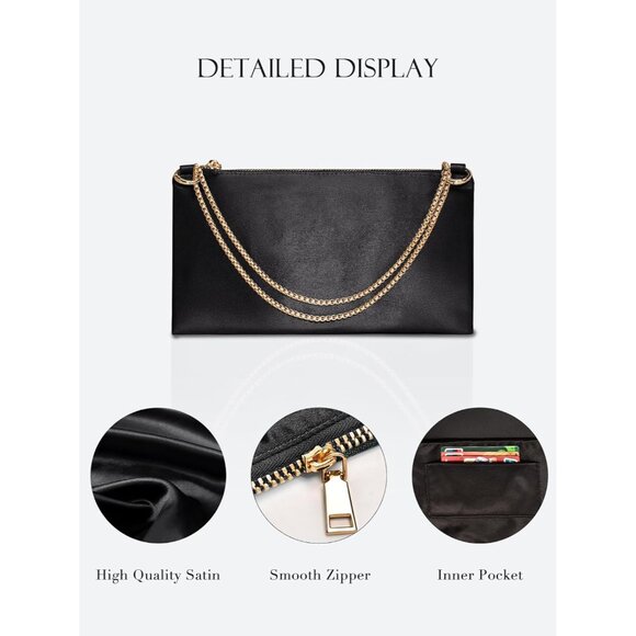 Women's Black Satin Evening Handbag with Detachable Chain for Prom Wedding Party - Picture 3 of 7